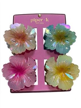 piper·k Iridescent Floral Hair Clips - Set of 4 (Pink, Blue, Yellow, Peach)
